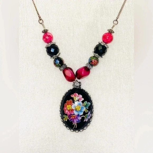 VTG ceramic & natural stones , hand painted jewelry set , made  in Israel 🇮🇱 - Picture 2 of 7